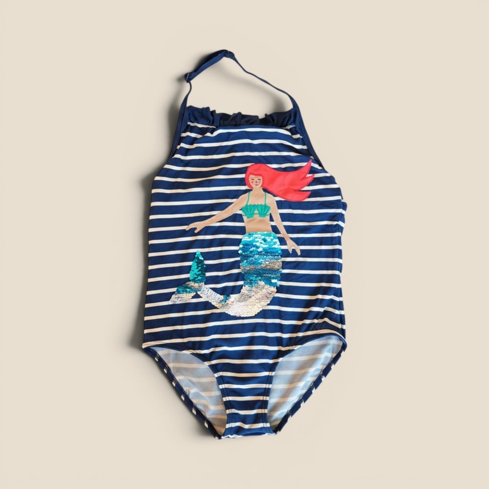 Boden Girls Mermaid Sequin Striped One Piece Swimsuit Navy White 6-7Y 122cm